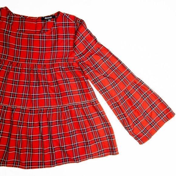 NEW Madewell red Plaid Tiered Button-Back long sleeves To, size XS - Picture 3 of 15